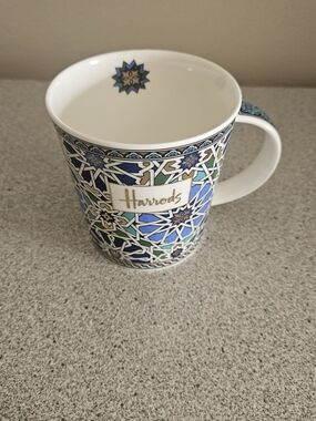 Harrods Geometric Lomond Mug Blue Sheikh Mosaic Fine Bone China Made In England